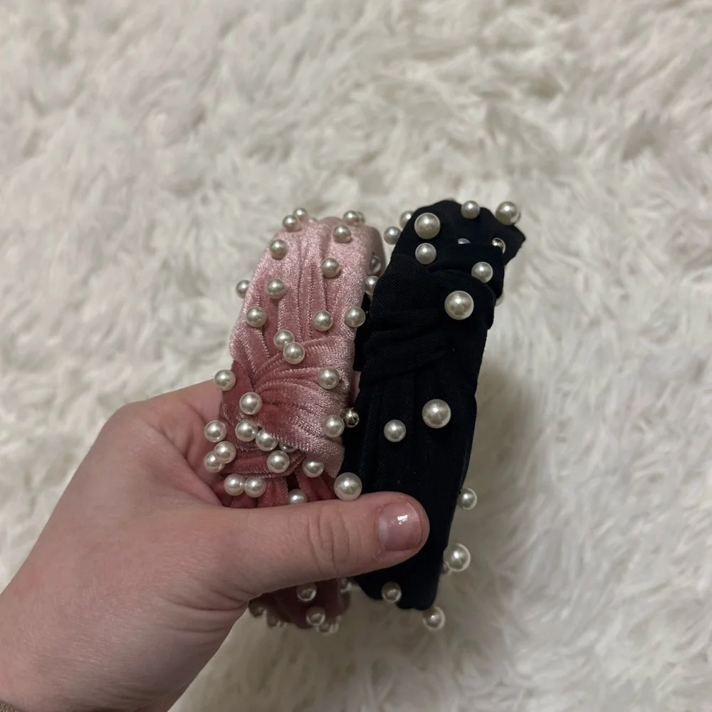 Elegant Pearl-Studded Headbands - Pink and Black